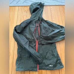 FILA Lightweight Hooded Windbreaker - Dark Green with Pink Zipper, WM